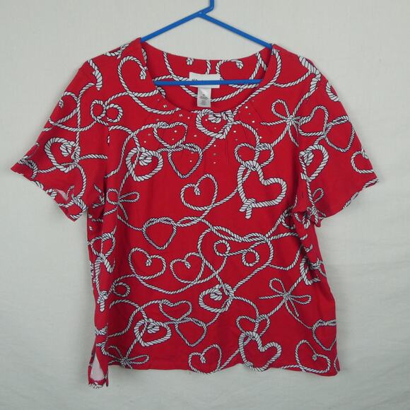 Alfred Dunner Red White Nautical Rope Print Pleated Rhinestone Blouse T Shirt XL - Picture 1 of 6